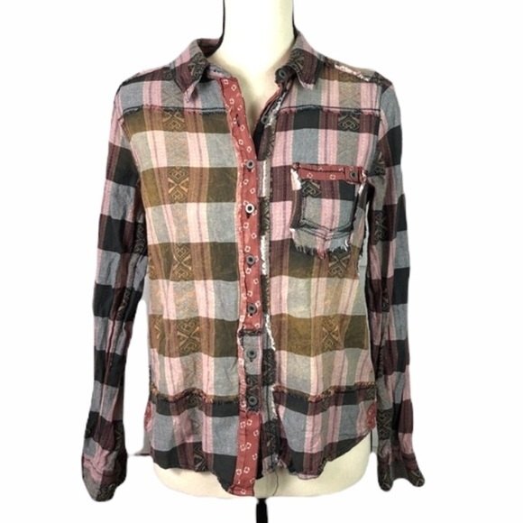 Free People We the Free Embroidered Plaid Shirt with Exposed Raw Seams S - Picture 1 of 14